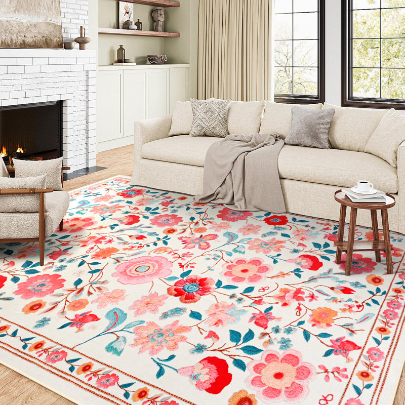 Large Floral Living Room Rug Washable Bedroom Rug Non-Slip Colorful Vintage Accent Floor Carpet For Home Decor