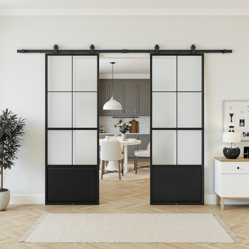 Portes de grange doubles coulissantes en métal et verre 3/4 Lite avec trousse de quincaillerie d'installation et fermeture en douceur (deux pièces de portes)