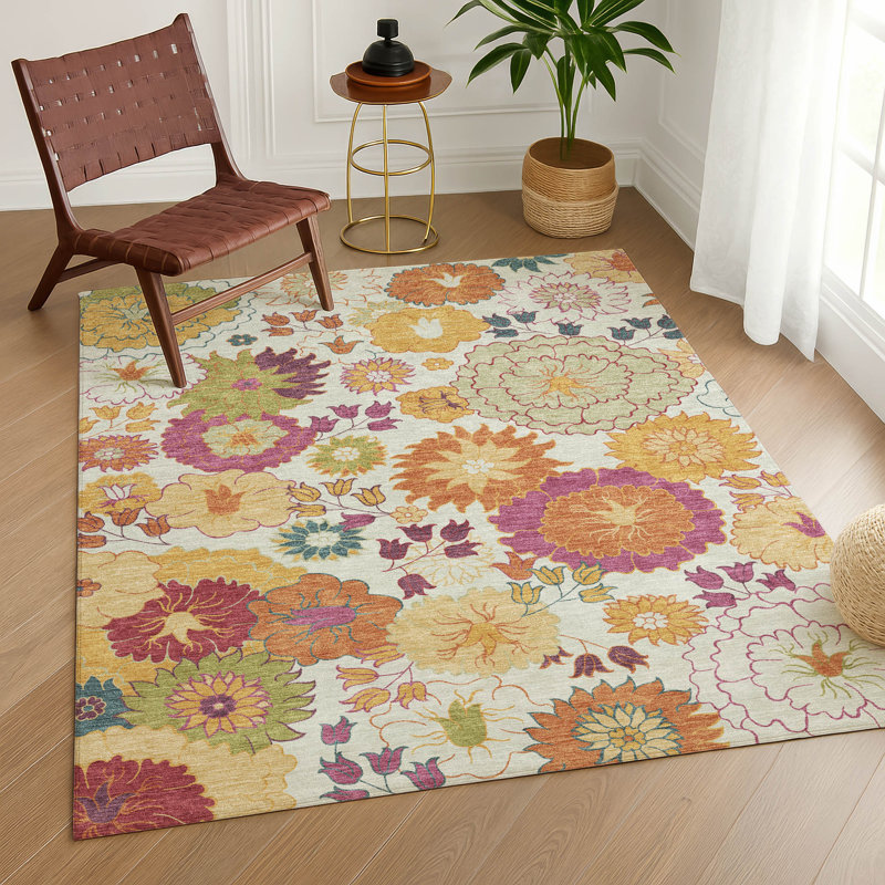Tapis floral intérieur / extérieur lavable à la machine Chantille ACN2293, Rectangulaire 8 pi x 10 pi