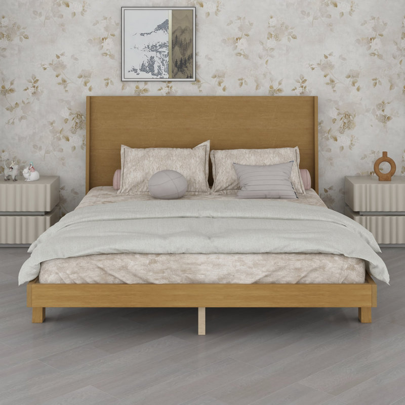 Cadre de lit facile à monter, style moderne du milieu du siècle, tête de lit originale et pieds inclinés, Grand lit, Natural