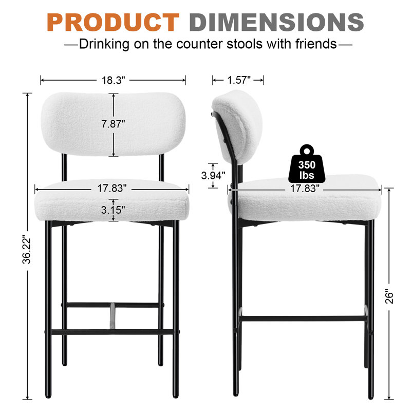 Osborne 26" H Upholstered Bar Stools Counter Height Bar Stools With Adjustable Foot Pads, 2, White