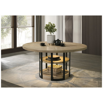 Table de salle à manger ronde Eden 59 po en chêne rustique avec éclairage DEL, structure en métal noir et étagères ouvertes