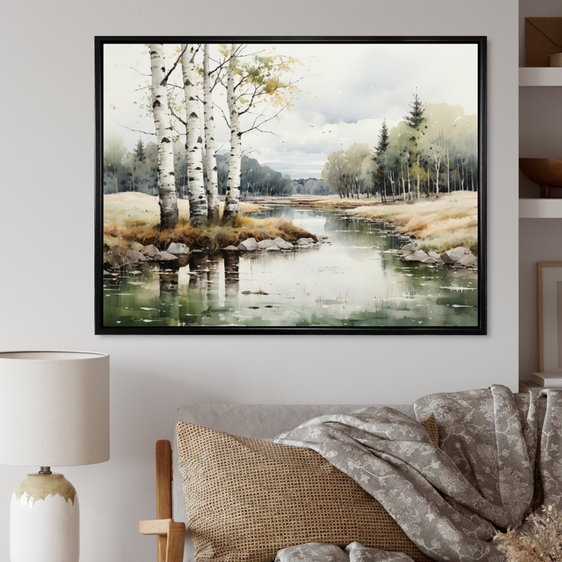 Birch Woods Birch Haven - Art mural de bouleau, Cadre flottant noir, H 34 po x l 44 po x P 1,5 po