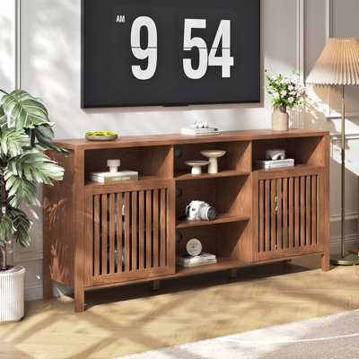 Farmhouse Brown Tv Stand With Grille Doors, 5 Open Storage Compartments, Media Console With Adjustable Shelves For Living Room