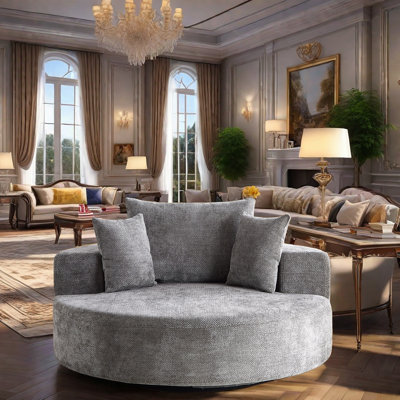 Chaise pivotante à 360 ° en mousse avec tissu chenille et coussin de dossier, chaise de salon confortable avec appui-tête cylindrique