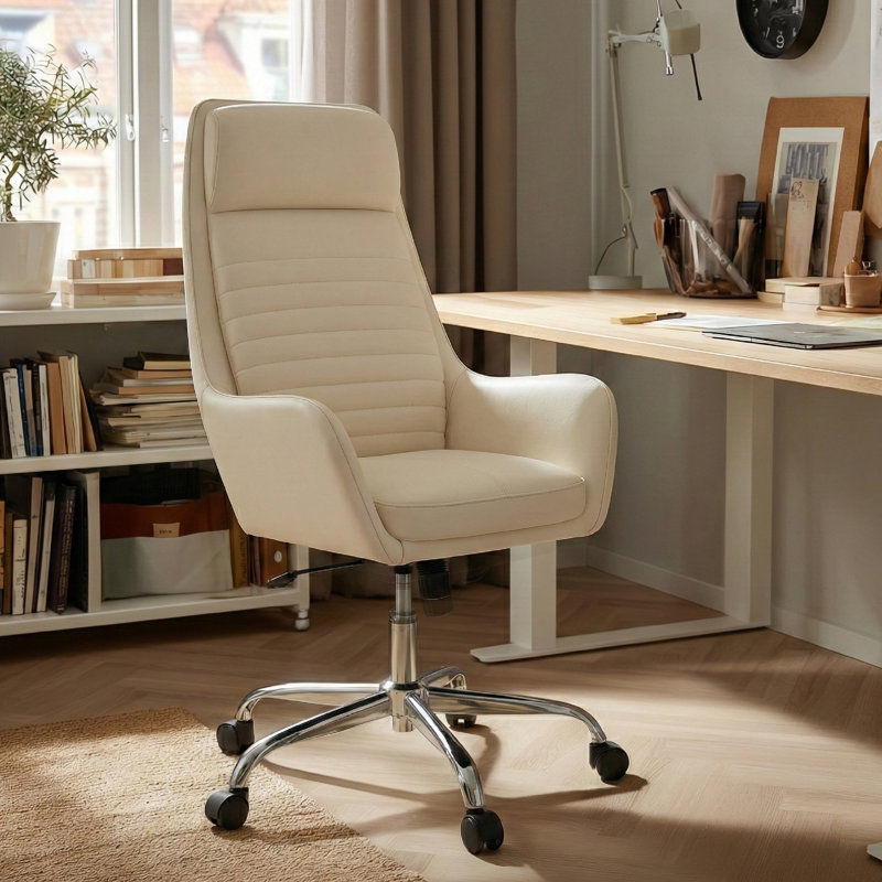 Ergonomic Executive Office Chair with Fixed Arms and Adjustable Tilt Tension, Beige