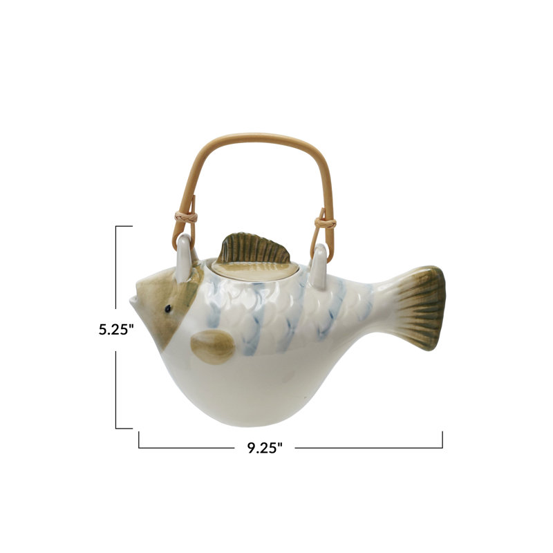 Multicolore théière en forme de poisson en grès de 24 onces avec crépine en métal et poignée en bambou
