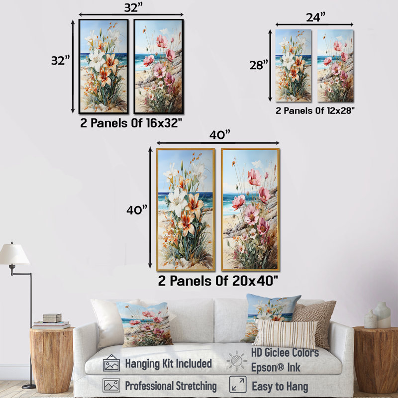 Fleurs saisonnières sur la plage - ensemble de 2 reproductions d'art sur toile, Toile tendue, H 40 po x l 41 po