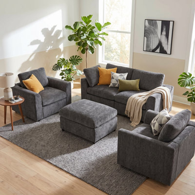 4-Piece Living Room Furniture Set, Chenille Upholstered Loveseat + 2 Accent Chairs + Movable Ottoman, Solid Pine Wood Frame, Deep Seat Modern Couch Set with Throw Pillows