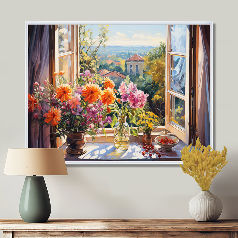 Orange And Green French Window View I - Floral Window Wall Art, White Floater Framed, 12" H x 20" W x 1" D