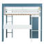 Lit mezzanine double en bois pleine grandeur avec tablettes de rangement intégrées, tringles à vêtements et bureau, blanc et bleu-577808339