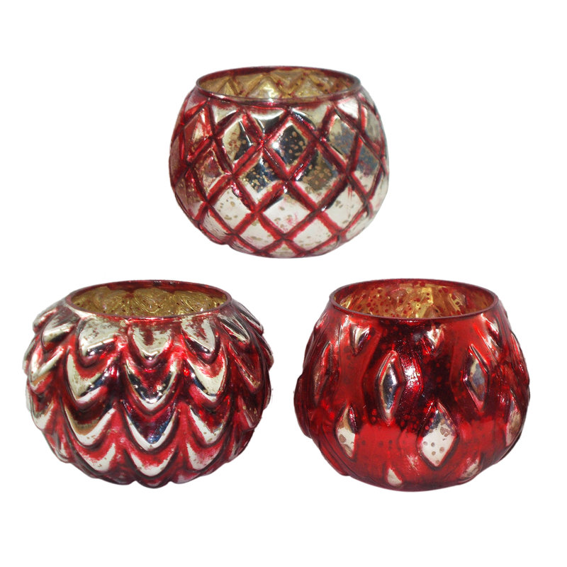 Mercury Glass Candle Votives - Set of 3 - 5"Dia. x 4" - Red