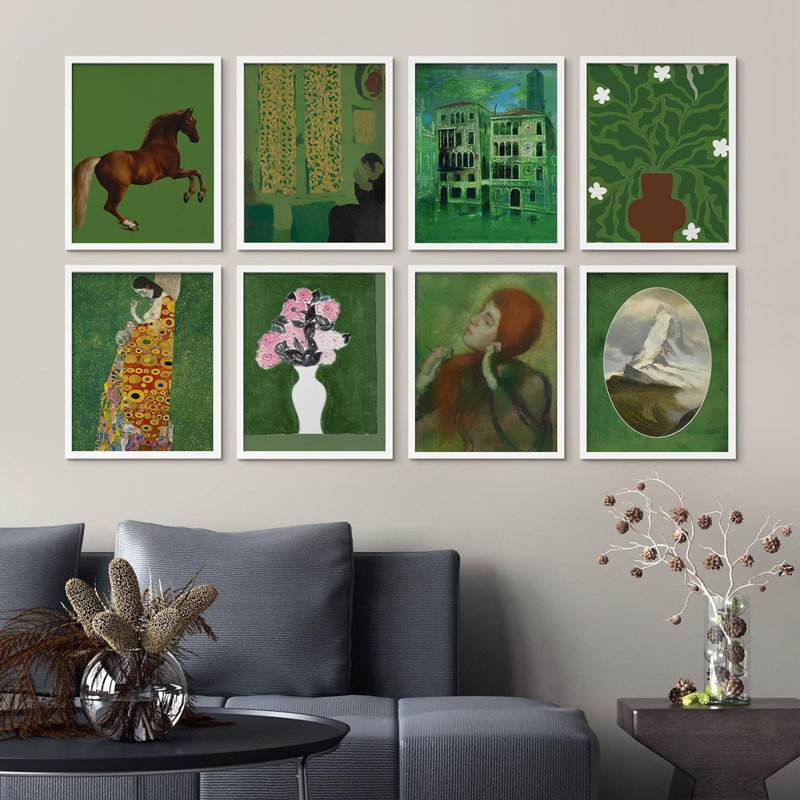 Gustav Klimt Kiss, fleurs, cheval, paysages abstraits, rétro, impression sur papier, 8 pièces, L 11 po x H 14 po, Cadre blanc
