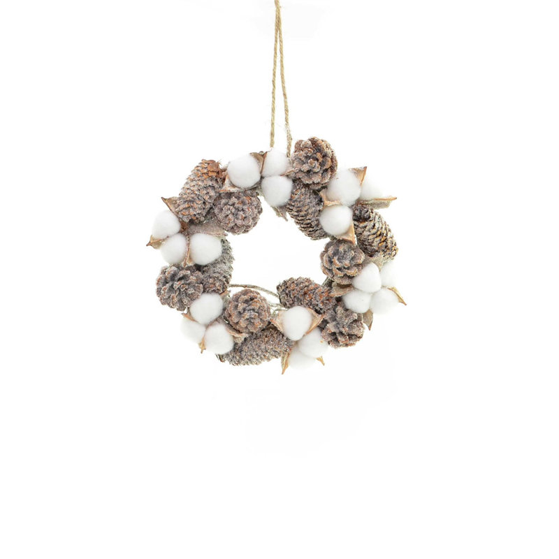 22cm Vintage Brown Christmas Wreath with Cotton Balls, Pine Cones and PVC Finish