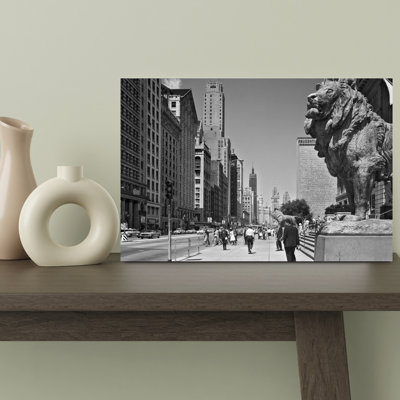 1960S People Pedestrians Street Scene Looking North Past Art Institute Lions Chicago Il Usa Classic Retro Vintage Lion City Wall Art