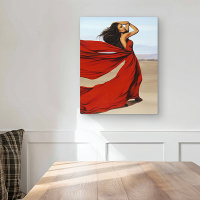 Woman in Long Red Dress - Blue Landscapes Metal Print Decor