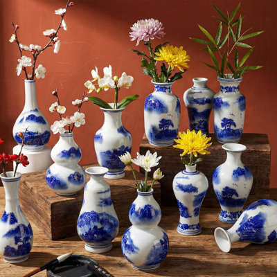 12 petits vases bleus et blancs, petits vases chinois, 12 pièces | Vases en céramique rétro de style oriental fait à la main, centre de table, tablettes décoratives, petits arrangements floraux, utilisation de bureau à la maison