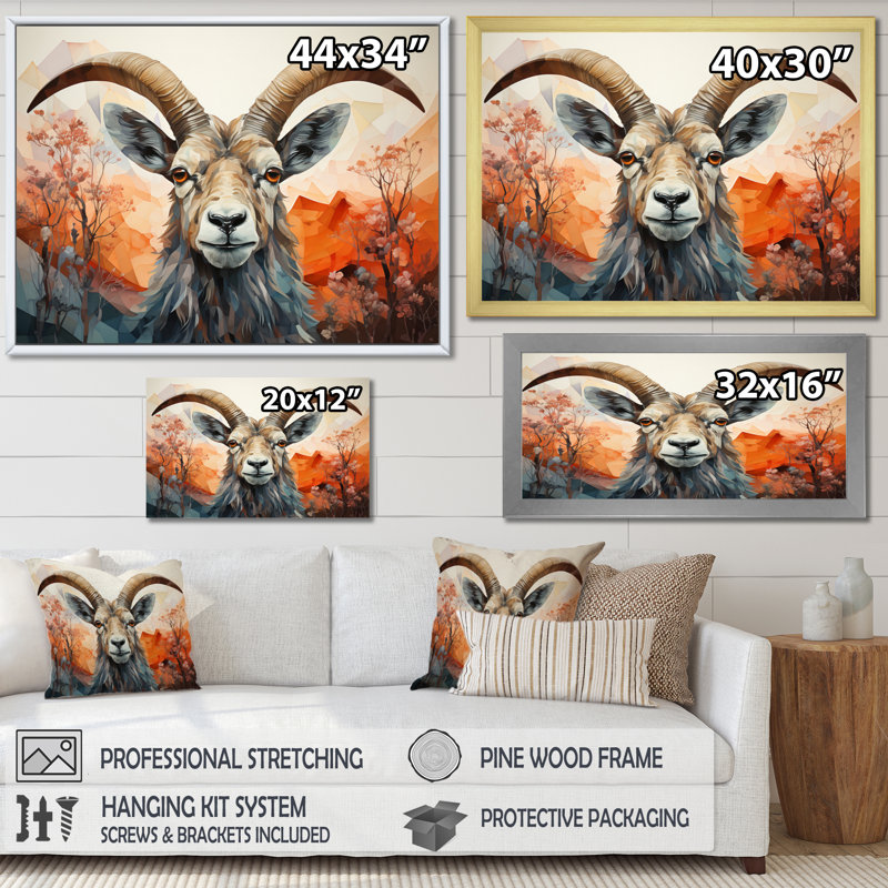 Goat Mountain Explorer géométrique - Chèvre, art mural, H 30 po x l 40 po x P 1,5 po, Cadre photo blanc