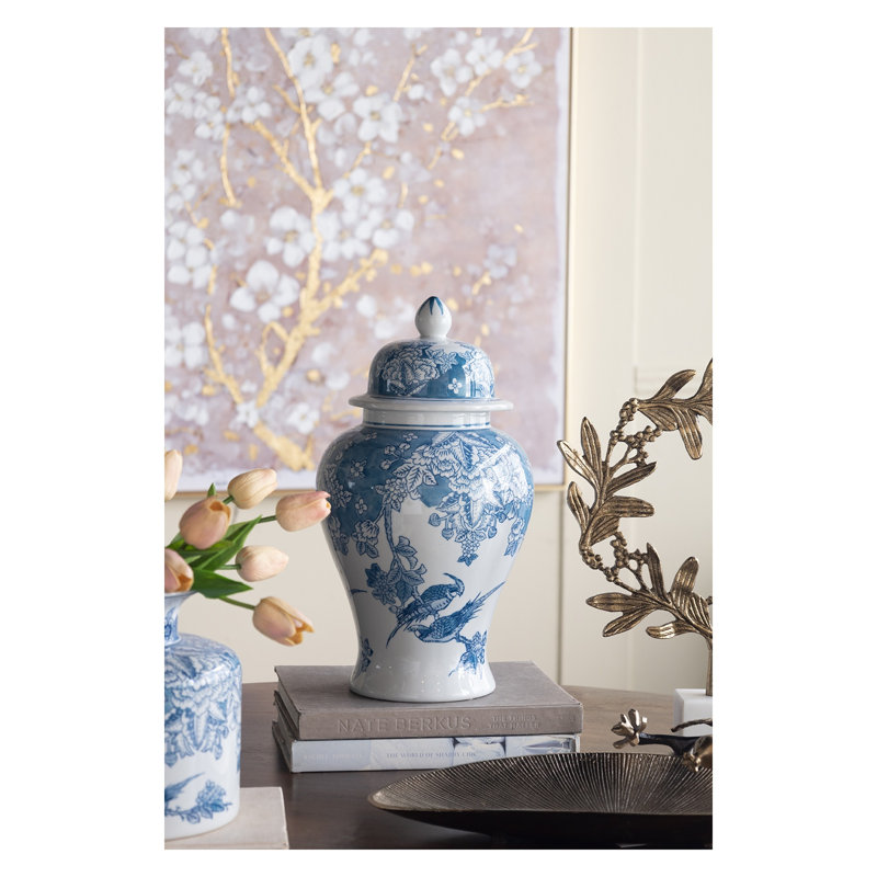 Vase décoratif classique en porcelaine bleu et blanc avec motif floral et oiseau, H 15,2 "avec couvercle