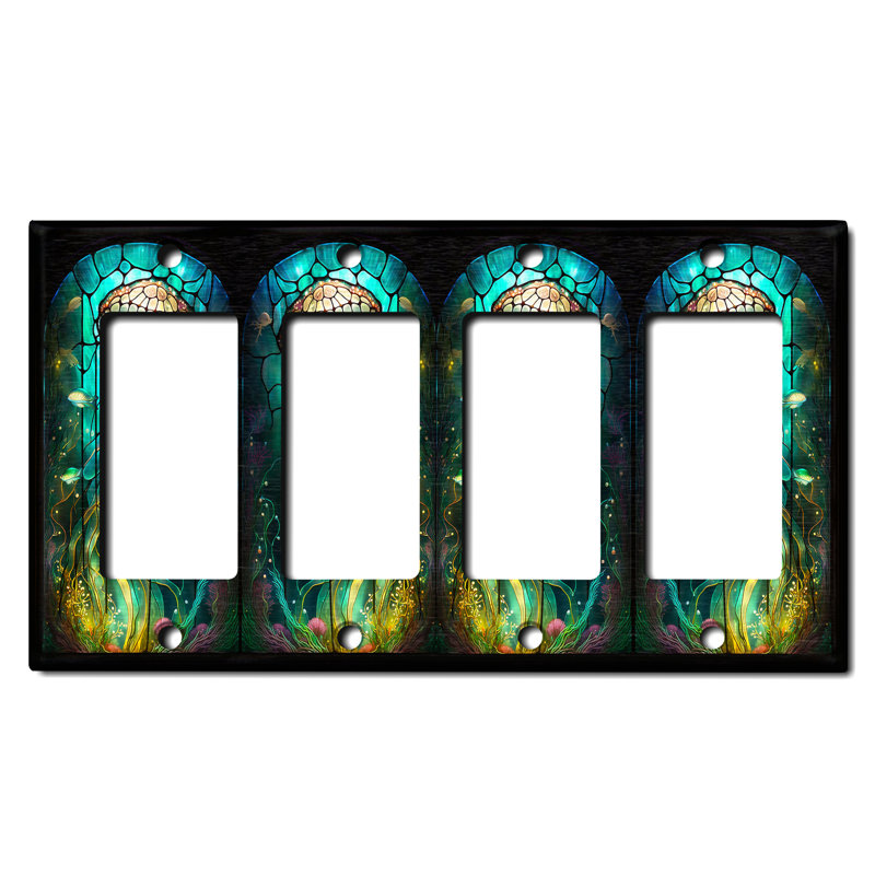 Metal Light Switch Plate Outlet Cover (Cute Jelly Fish Glass Art Print - Quadruple Rocker)