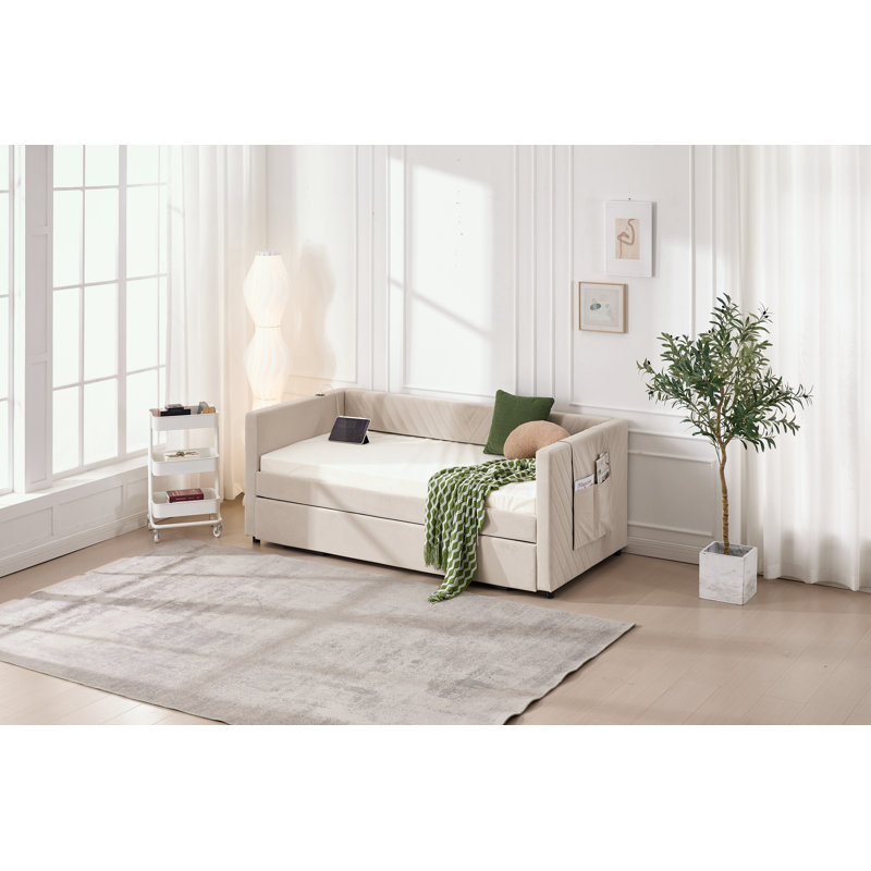 Twin Size Upholstered Daybed with Trundle, Beige
