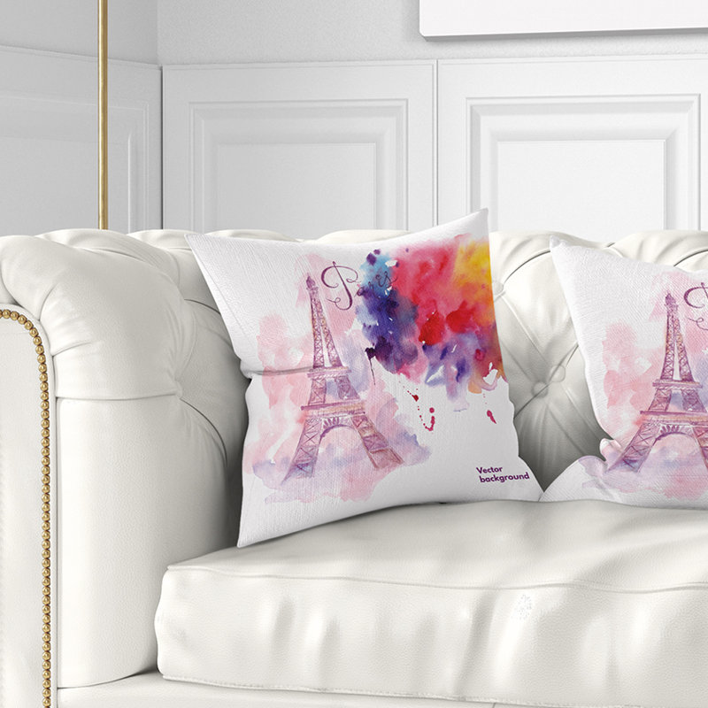 Peinture à l'aquarelle, Tour Eiffel dans un nuage, 18 po x 18 po, Coussin décoratif