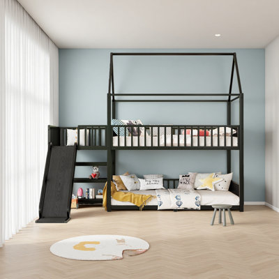Kids Metal House Bunk Bed with Storage Stairs and Slide by Wrought Studio