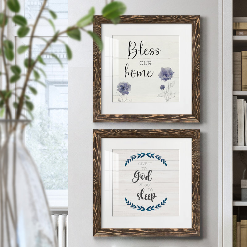 «Bless our home», ensemble de 2 encadrements d'art textuel, H 17 po x l 34 po x P 1,5 po, Encadré de bois de noyer