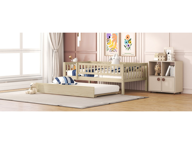 Wood Daybed With Trundle And Fence Guardrails, Natural, Twin