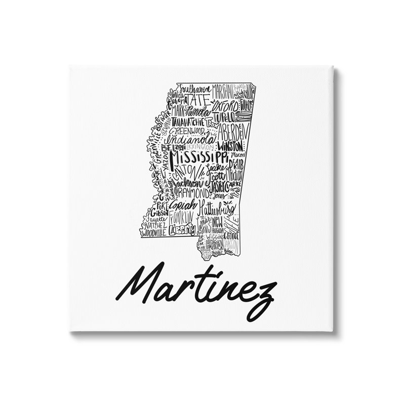 État du Mississippi, typographie cmw-055, H 17 po x l 17 po, Toile tendue, Oui