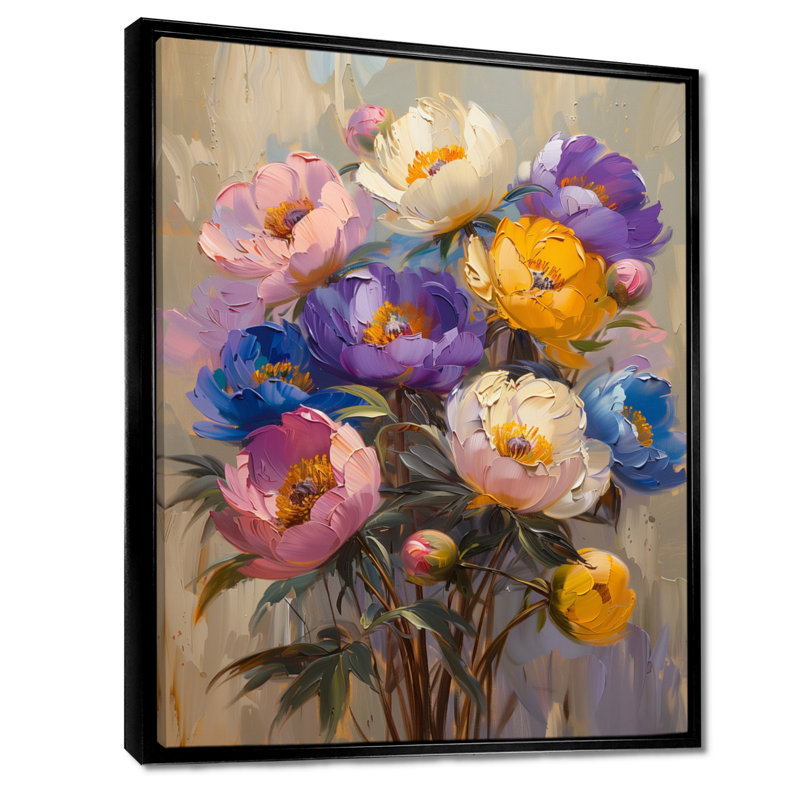 Véronique - pivoines, art mural, salon, H 12 po x l 20 po, Cadre noir