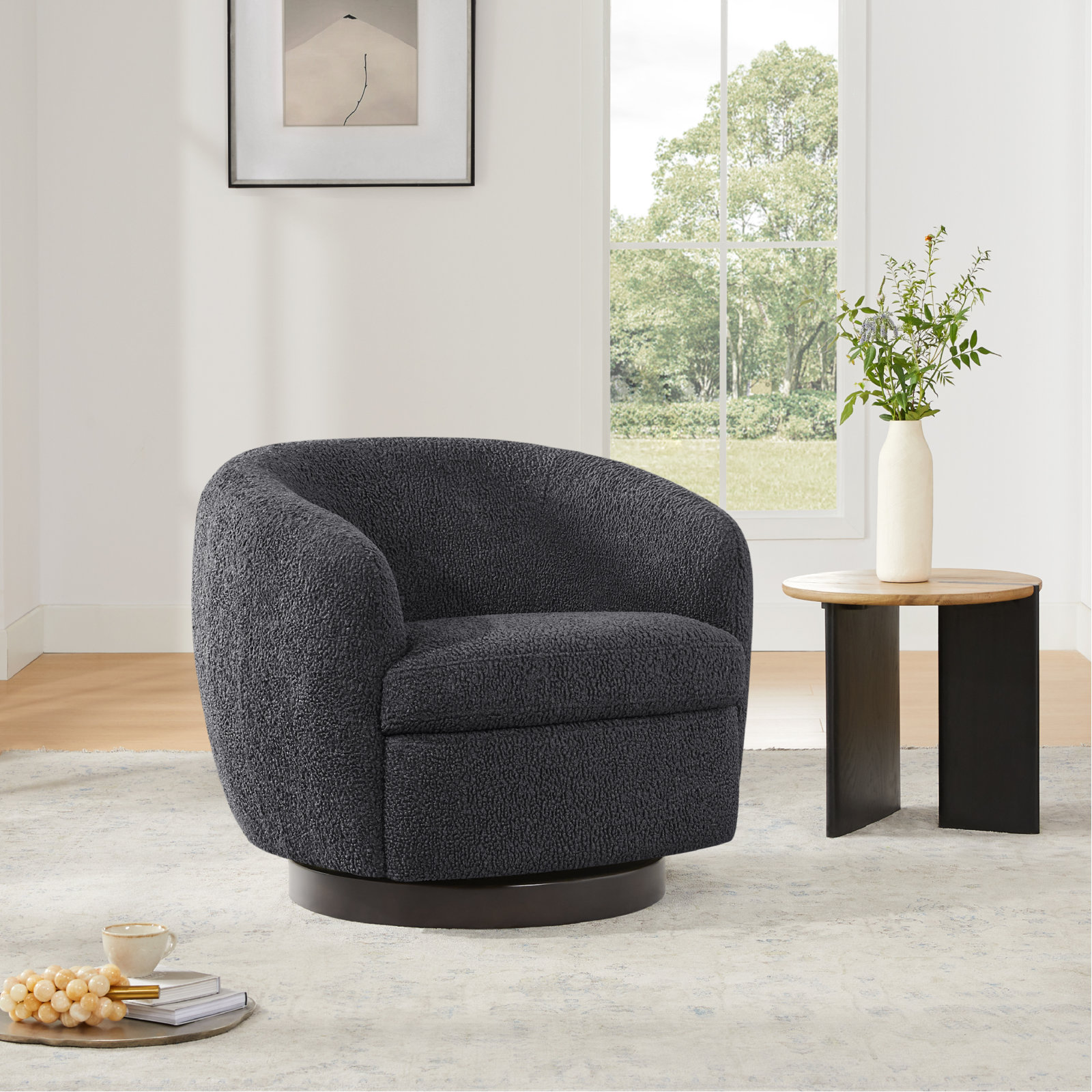 Marcy Linen Swivel Barrel Chair, Aries Grey Boucle