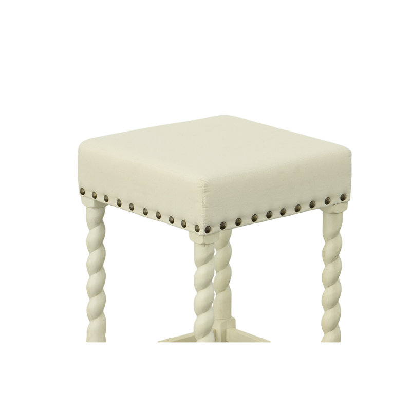 Élégant tabouret de bar crème de 30 pouces avec revêtement en lin et garniture en laiton antique, Blanc vintage