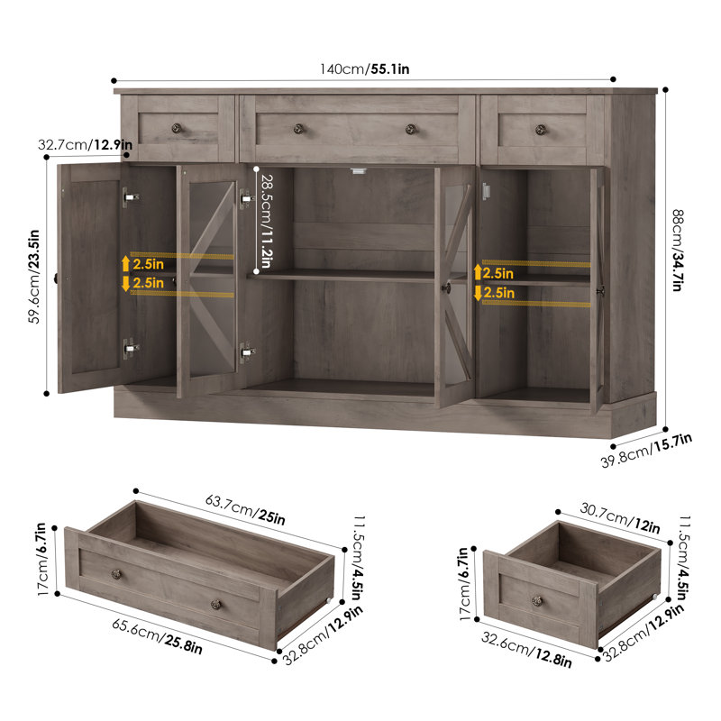 Lovern 55.1'' W 4-Door Sideboard with 3 Drawers, Interchangeable Doors, Close-Out Sales, Wash Gray