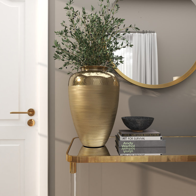 Aluminum Metal Brushed Decorative Gold Vase with Hammered Top, 18" H x 11.85" W x 11.85" D