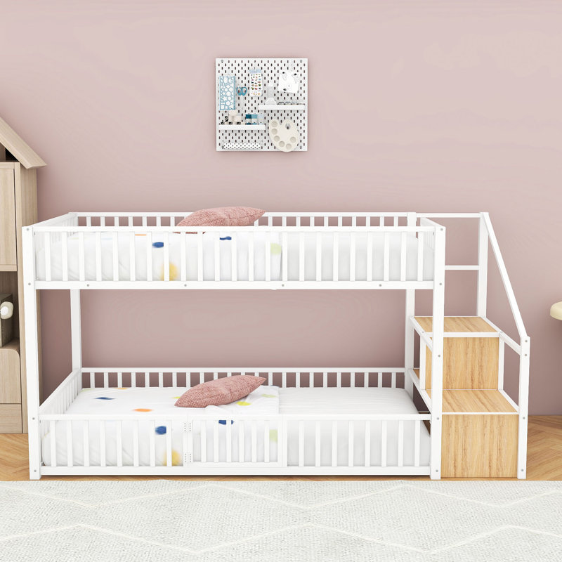 Metal Twin Over Twin Bunk Bed with Stairs Storage & Safety Railings, White