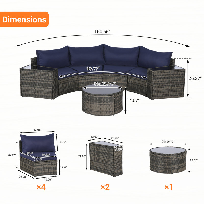 Ensemble de canapé modulaire d'extérieur demi-lune 7 pièces avec table basse ronde en verre trempé, Bleu très foncé