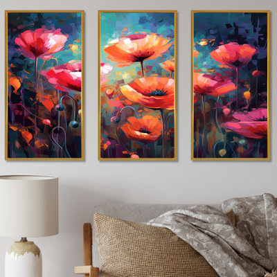 Vibrant Peach And Pink Poppy Field Dreams - Poppies Wall Art Living Room Set