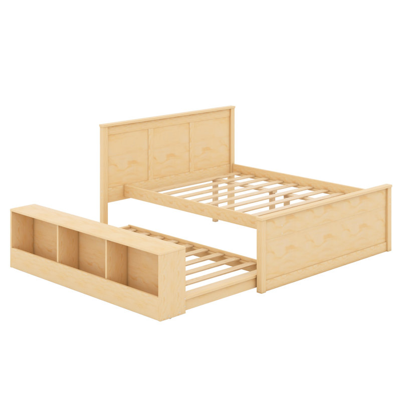 Lit plateforme moderne en bois avec lit gigogne et tablettes, Natural, Full / Double