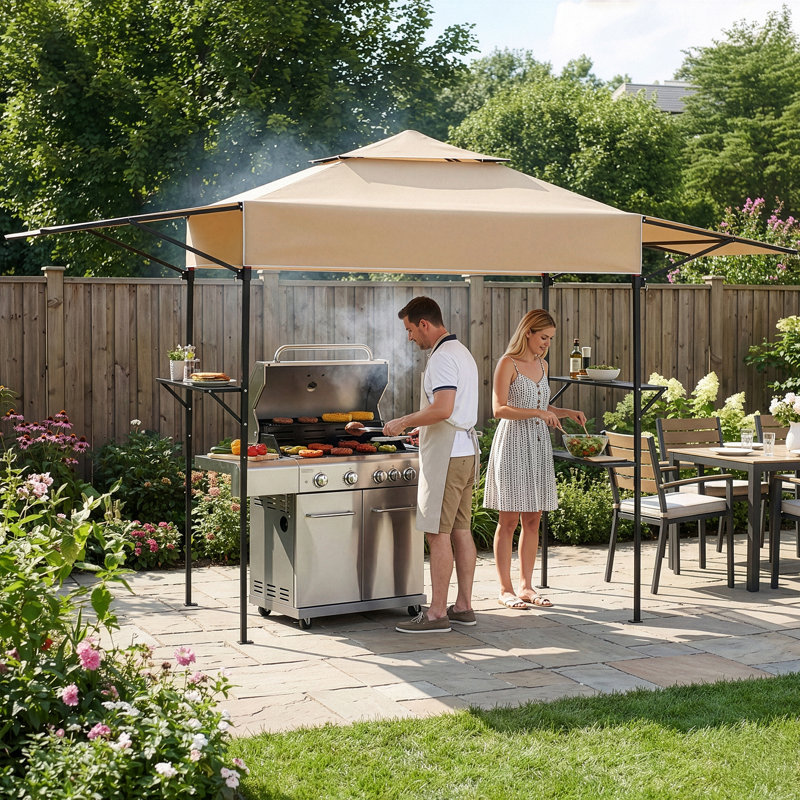 Abri de jardin pour barbecue à toit double 3,3 x 12,5 pi avec abat-jour réglables et plateaux en filet noir, Kaki