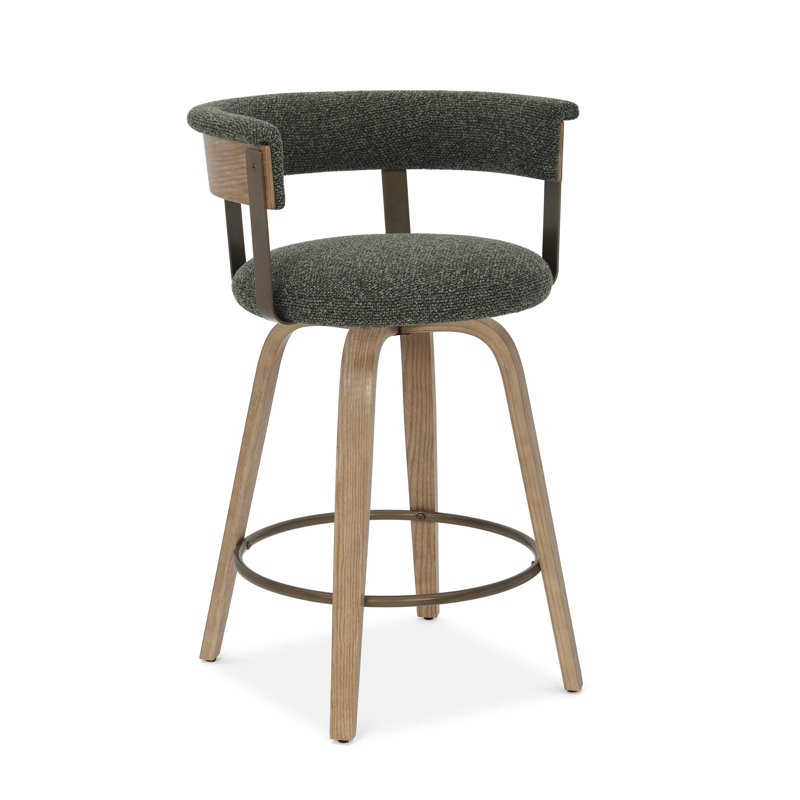 26'' Upholstered Swivel Counter Stool With Back And Bentwood Legs For Kitchen Island, Green Seat/Natural  Frame