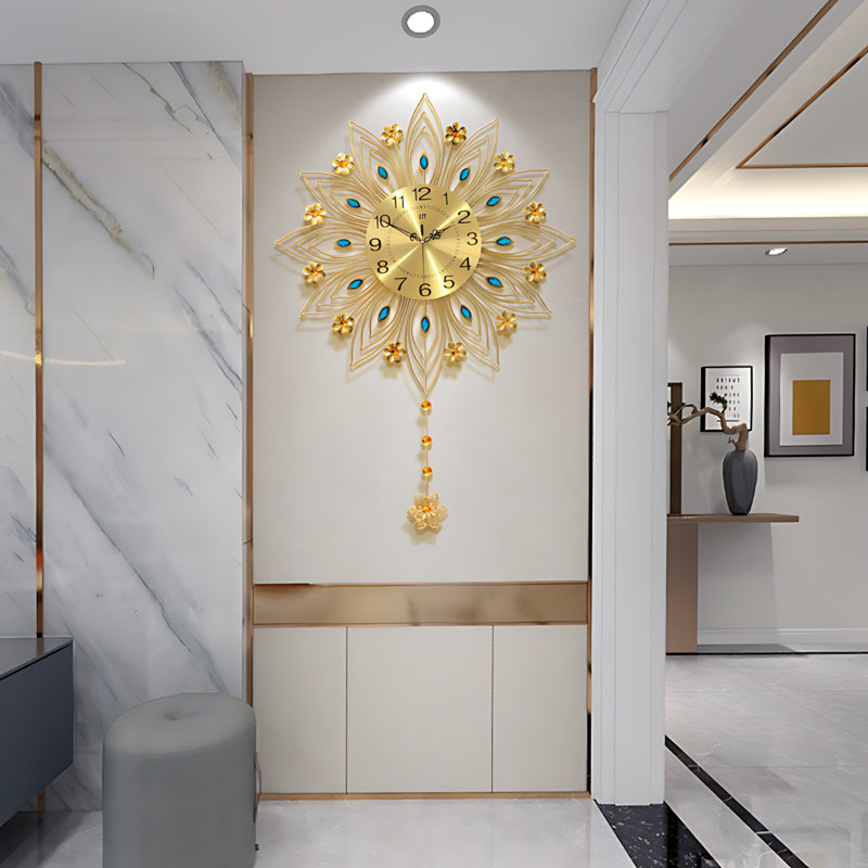 Horloge murale moderne avec décor pendule, horloge pendule tournesol en métal, horloge silencieuse à piles pour le salon, décoration murale de cuisine