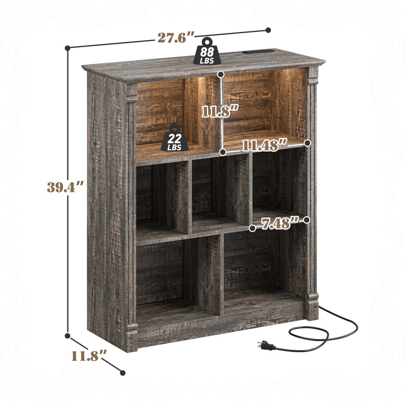 7-cube Storage Cabinet With Built-in Outlets & Led Lights - Tv Stand, Organizer,  39.4"H x 27.6"W x 11.8"D, Black Oak