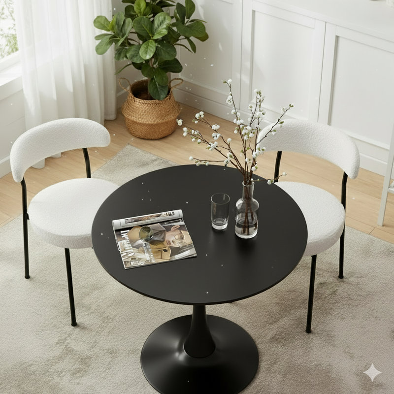 Ensemble de table de salle à manger rond avec 2 chaises, Blanc/Noir, Noir