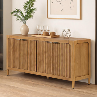 Warm Brown Recessed Design Sideboard With Built-In Adjustable Shelves; Practical Solid Wood Storage Cabinet For Living Room And Kitchen.