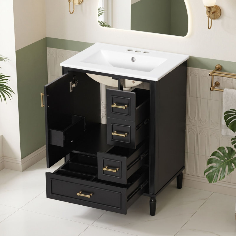 Meuble-lavabo autoportant moderne avec lavabo en céramique durable, charnières à fermeture en douceur et grand espace de rangement