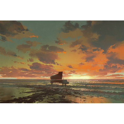 Black Piano On The Beach At Sunset by Grandfailure - Wrapped Canvas Painting