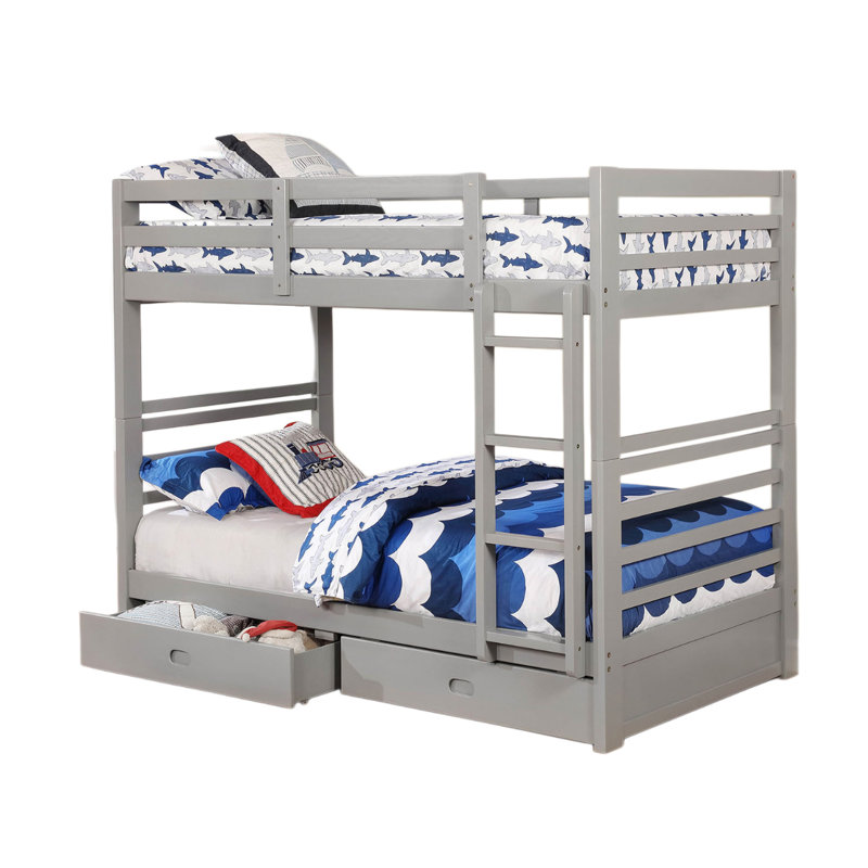 Lit superposé simple moderne au-dessus de gris moderne avec deux tiroirs pour le rangement et une armoire en bois massif avec placage, 10 pièces Lattes en gris, dessous