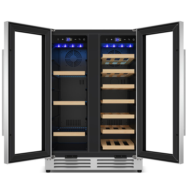 Réfrigérateur 24 pouces à deux zones avec 20 bouteilles pour 60 bouteilles de vin et boissons avec porte en verre encastrée / autoportante classique avec 4 poignées de porte, DEL bleue et tablettes réglables