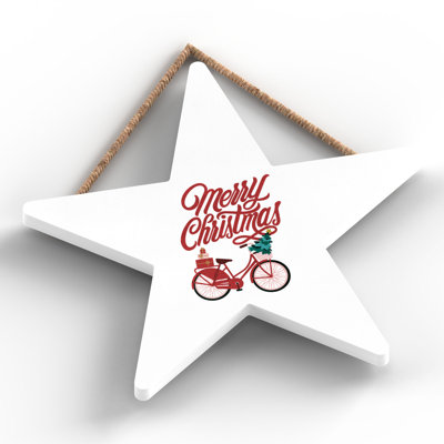 Xmas Merry Christmas Bicycle Wooden Star Plaque